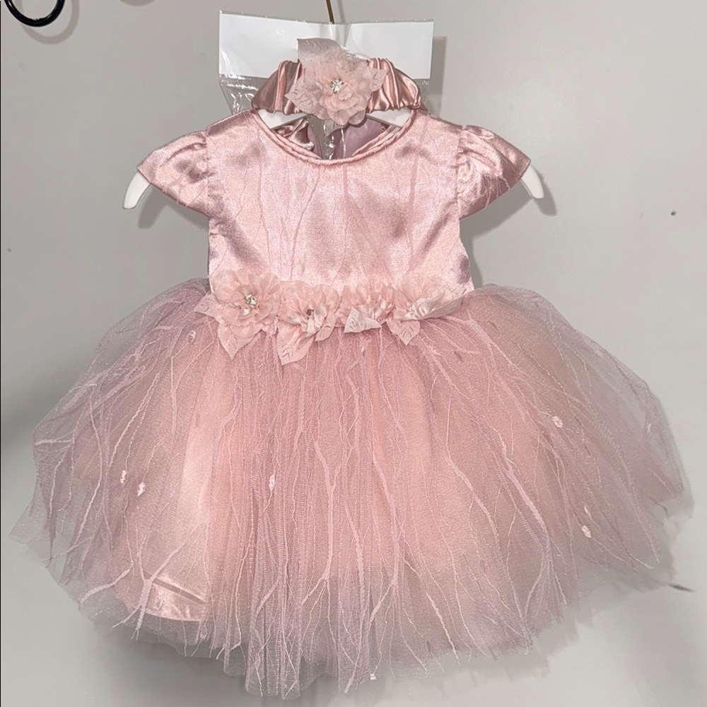 Elegant Pink Baby Dress with Tulle Skirt, Matching Headband, and Shoes